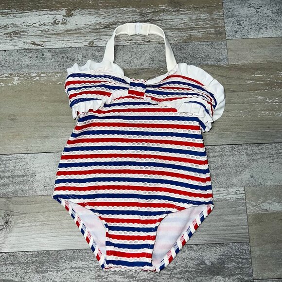 Janie and Jack Girl's One-Piece Swim Suit Red, White, & Blue Stripes Size 12-18M - Picture 1 of 7